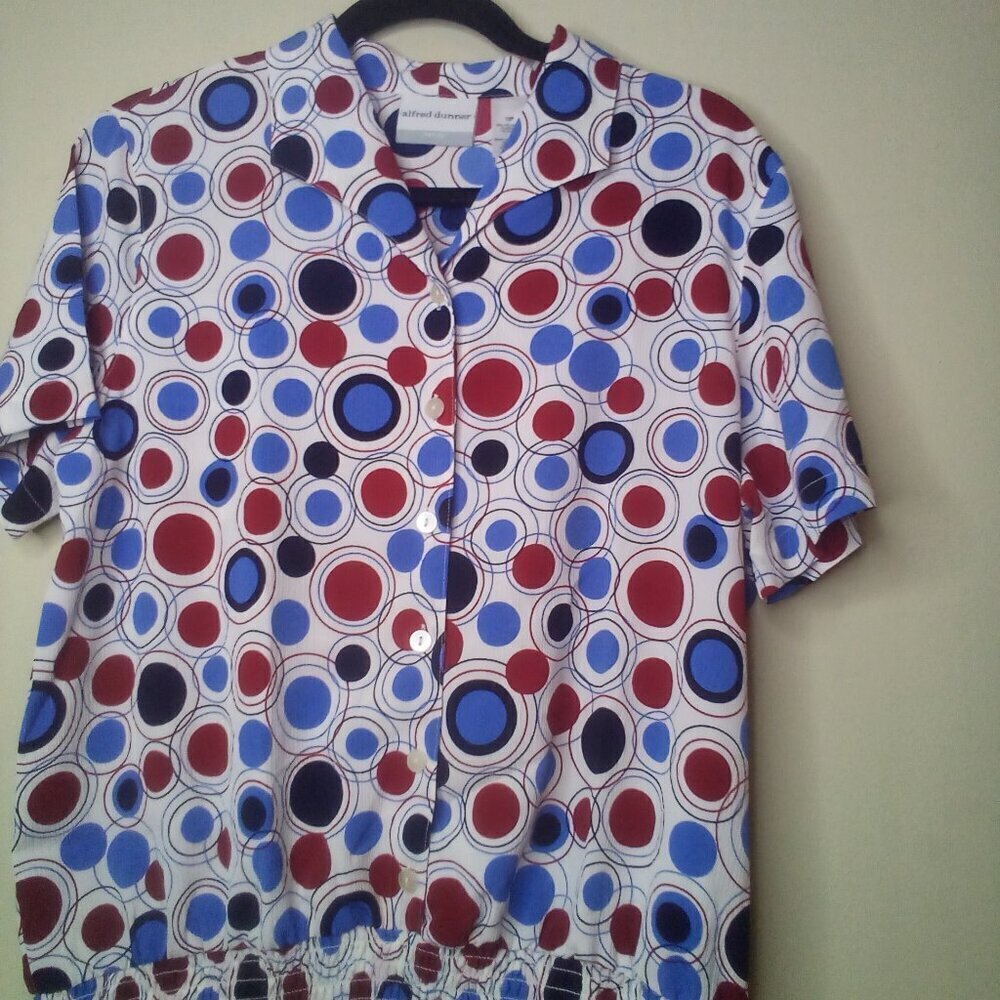Alfred Dunner Blouse 12P 12 Petite Short Sleeve Button Up Elastic Waist Circles